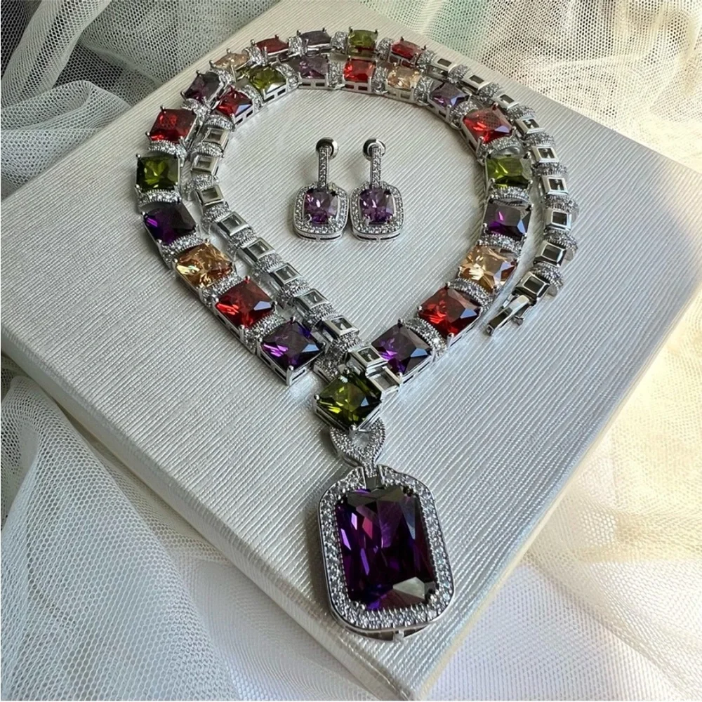 Swarovski Elements Amethyst Purple Emerald-cut Halo Earrings NEW - Picture 4 of 14